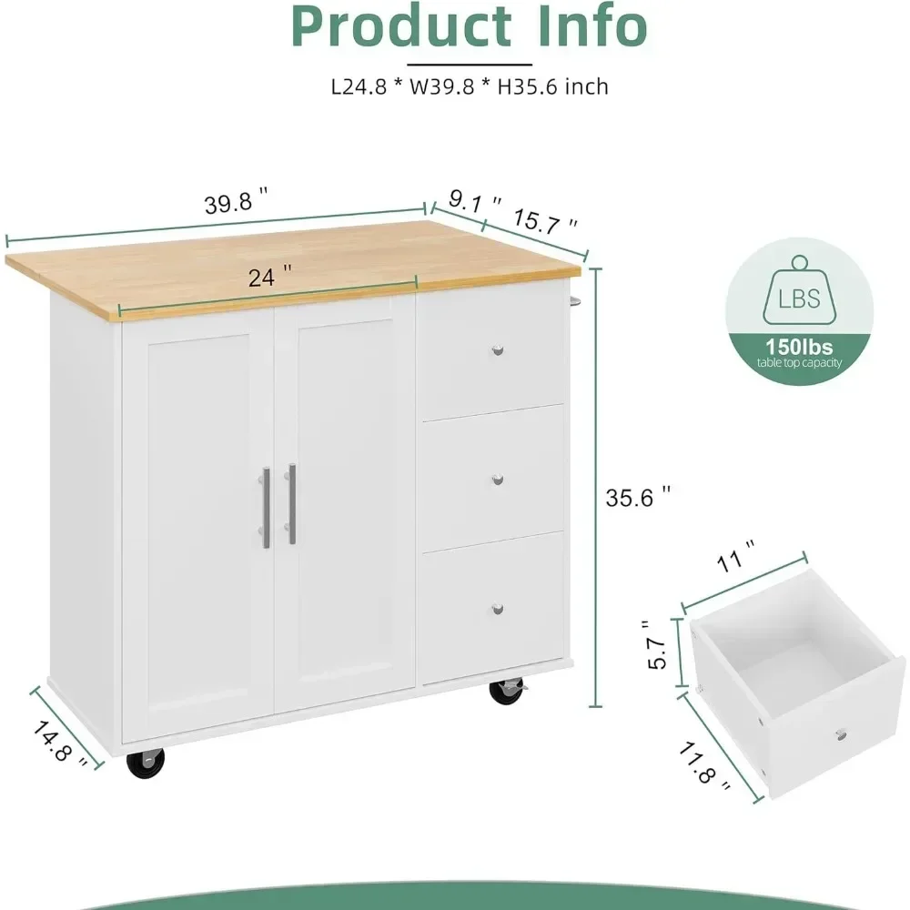 for Kitchen Cart with Folding Drop Leaf Breakfast Bar, Portable Trolley Island with Large Storage Cabinet, Kitchen Cart