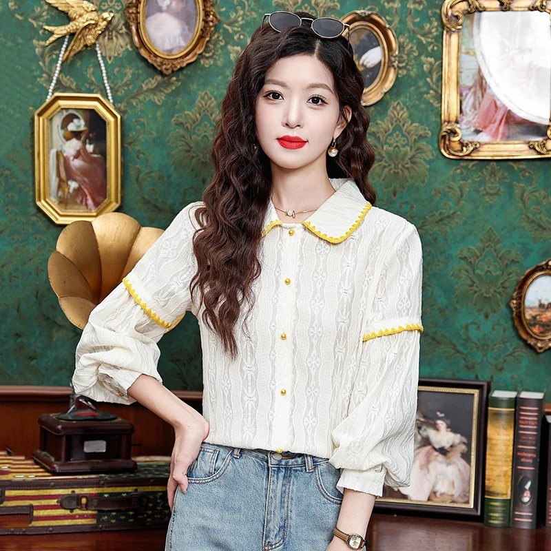 

Vintage Women's Shirt Solid Casual Shirt Fashion Loose Spring/Summer Korean Clothing Long Sleeve Chiffon Women Top