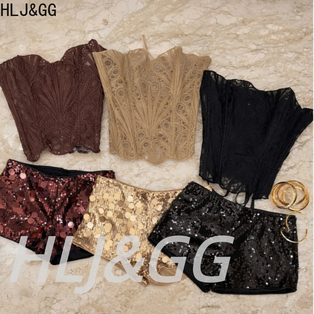 HLJ&GG Sexy Mesh Hollow See Though Corset Two Piece Sets Women Off Shoulder Backless Bandage Top And Sequin Shorts Outfit Street
