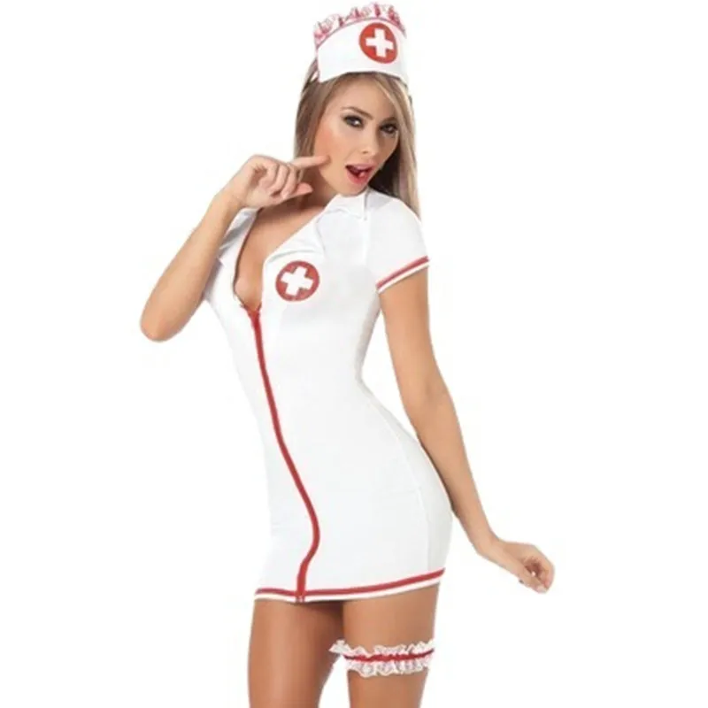 Women\'s Nurse Role-play Hat Dress Set Sexy Cute Style Doctor Uniform European American Erotic Lingerie Seduction Zipper Jumpsuit