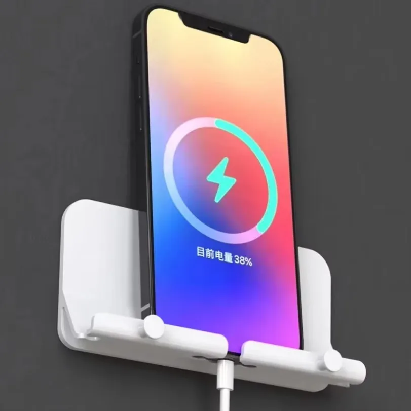 Portable 2 in 1 Hanging Phone Holder & Double Hook Wall Mounted with Charger Hole for All Smartphone Key Wired Headphone Bracket image 2