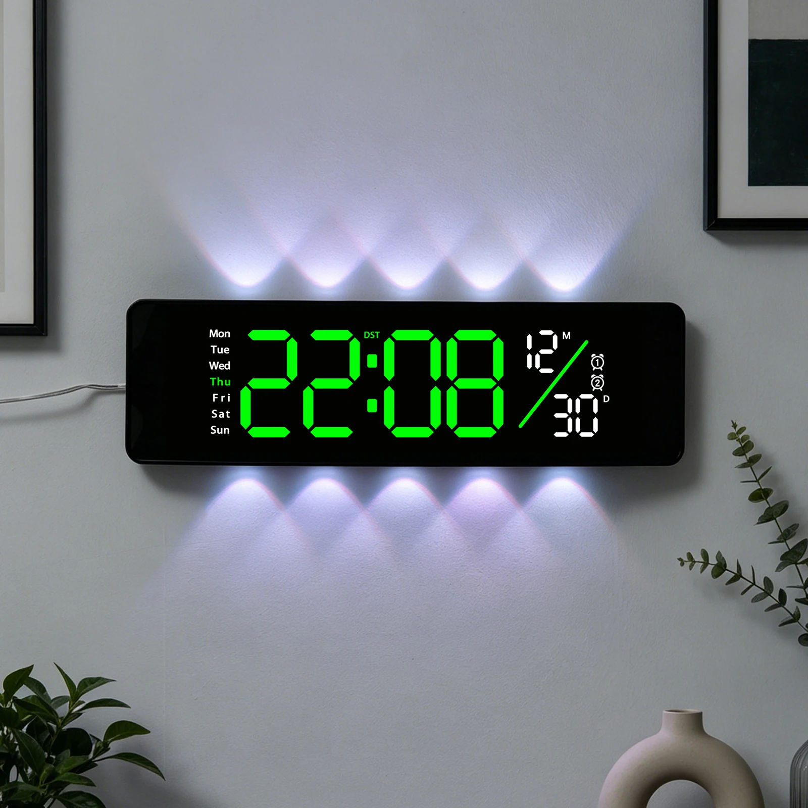 LED Wall Clock Week Date Display 2 Alarms Timer Brightness Adjustment Silent Spotlight Digital Clock Decor with Ambient Light