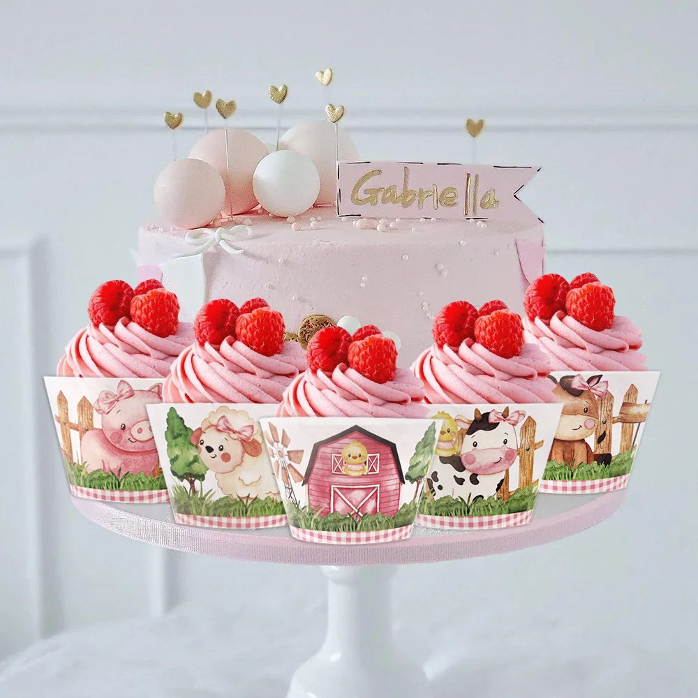 12Pcs Farmland Animal Cake Wrapper Carton Pig Cow Paper Cupcake Holder For Kids Farm Birthday Party Decoration DIY Cake Wrapping