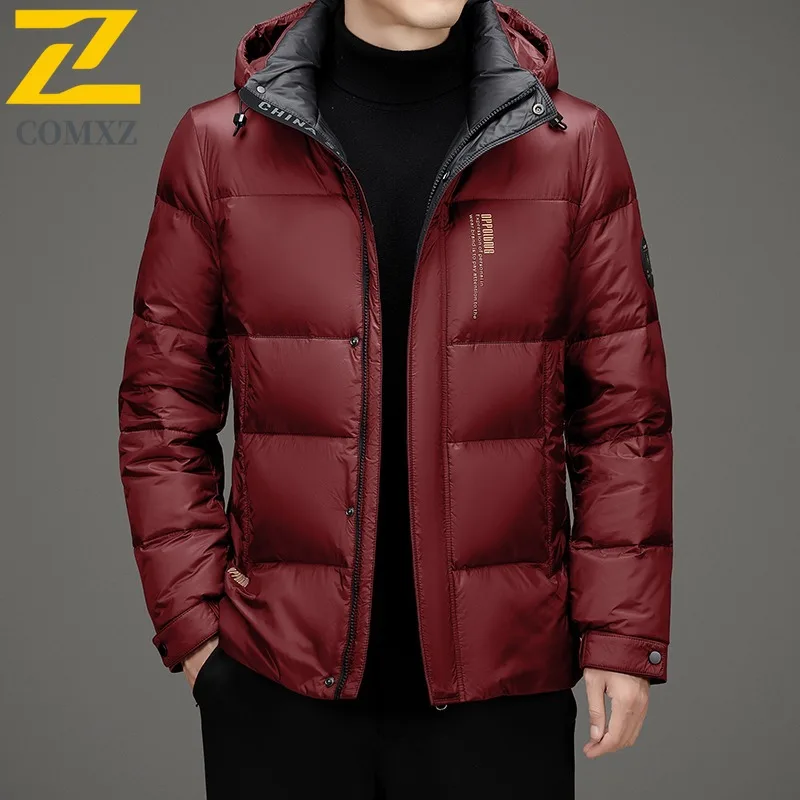 COMXZ Leisure Men Puffer Jacket Solid Color Self-cultivation Snow Warm Parka Hooded Hiking Travel Lightweight Autumn Winter Coat