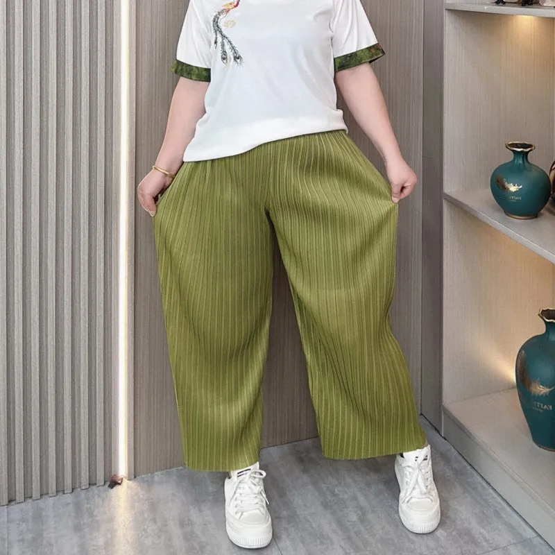 Summer New 2024 Plus Size Wide Leg Pants Women Fashion Ice Silk Loose Straight Fold Casual Ankle-Length Pants