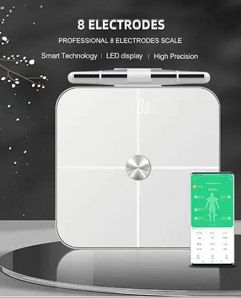 

New Eight Electrode Intelligent Bluetooth Body Fat Scale For Fat Protein BMI Non-Inductive Dual Frequency Current Measurement