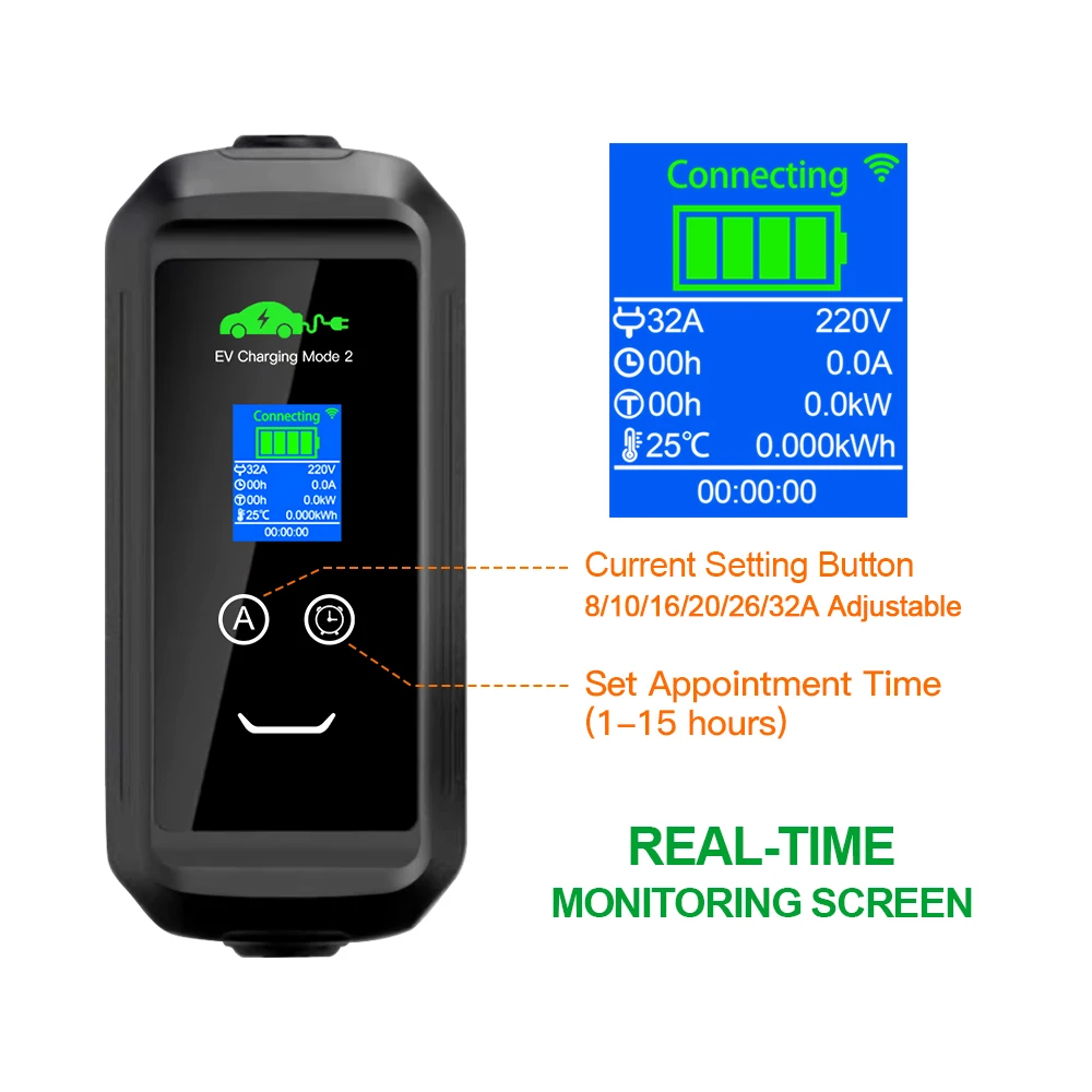 Isigma 32A 1P 7.2kw APP WIFI GBT EV Charger 32A single phase 5m Touch Button LCD Screen 220V~450V IP67 Bag Holder