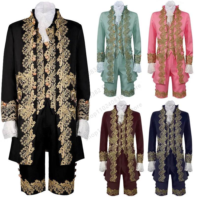 European Medieval King Prince Christmas Costume Style Embroidery Jacket Blazer Pants Jabot Tie Set Deluxe Stage Cosplay Suit