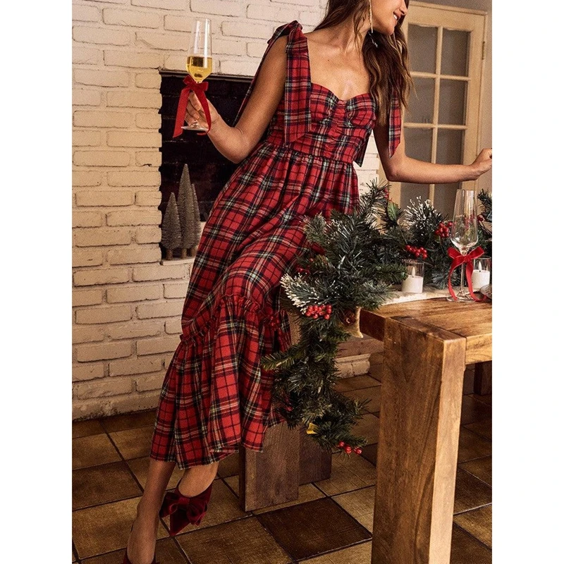Combhasaki femmes noël Vintage Plaid imprimé sans manches cravate bretelles froncé smocké a-ligne à volants ourlet fluide longue robe