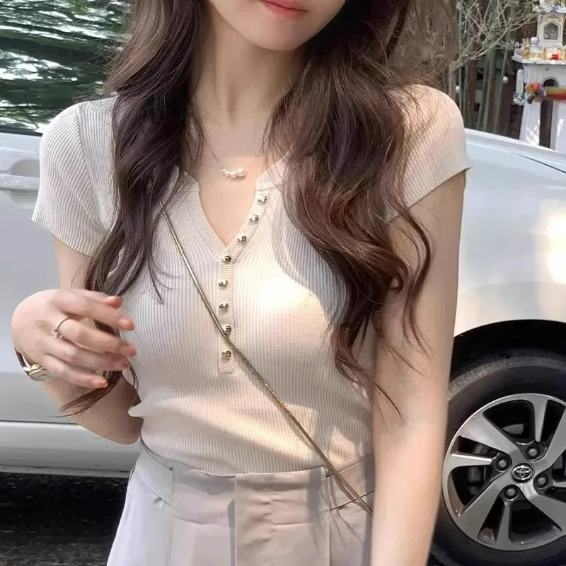 Womens V Neck Cap Sleeve Ribbed Knit Top Button Front Slim Fit Casual T Shirt