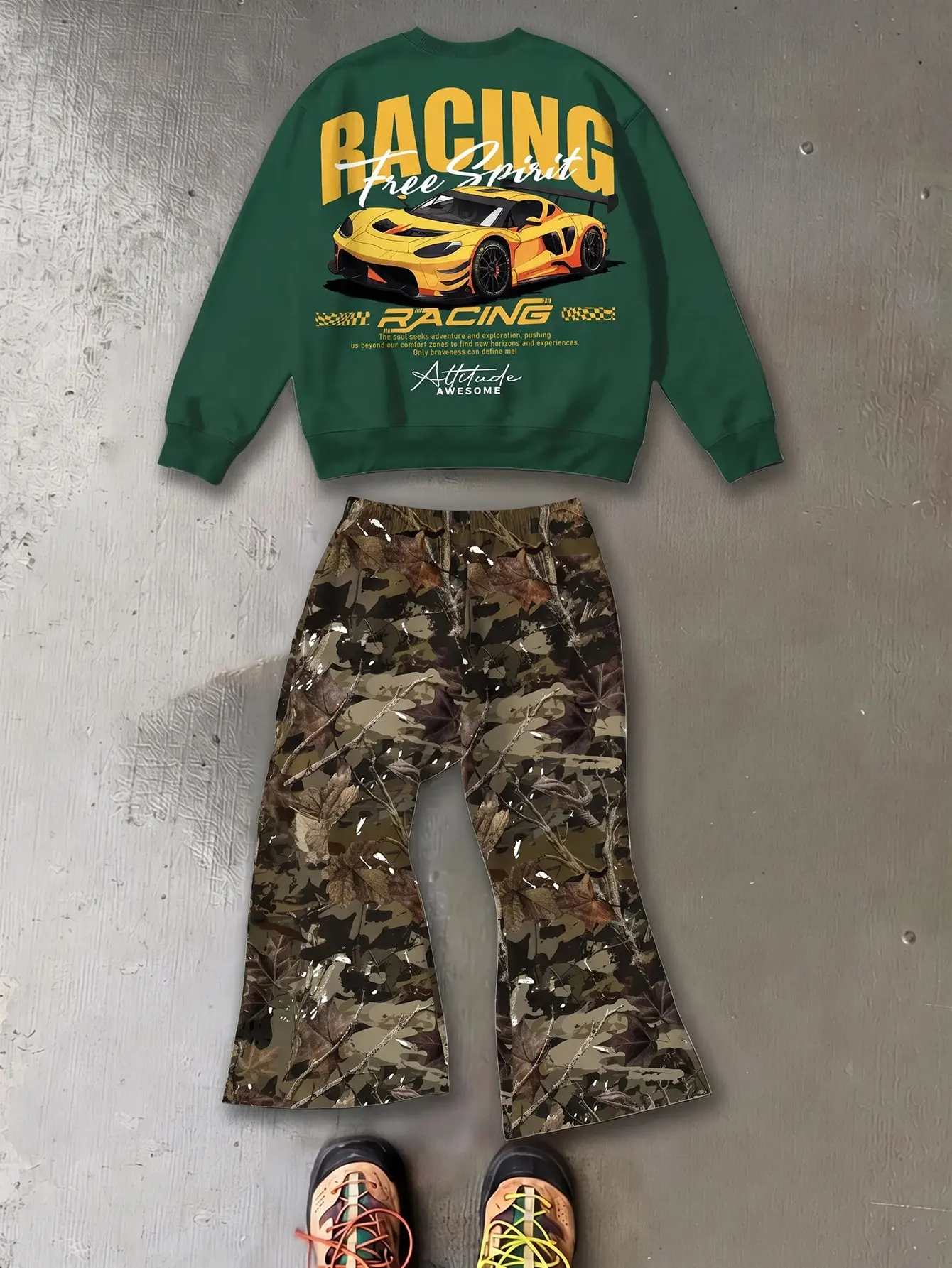 Young Boys Autumn New Casual Minimalist Loose Comfortable Crew Neck Sweatshirt And Flare Pants 2 Pieces Set, Classic Handsome Retro Racing Graphic Print, Suitable For Sports, Streetwear, Y2K