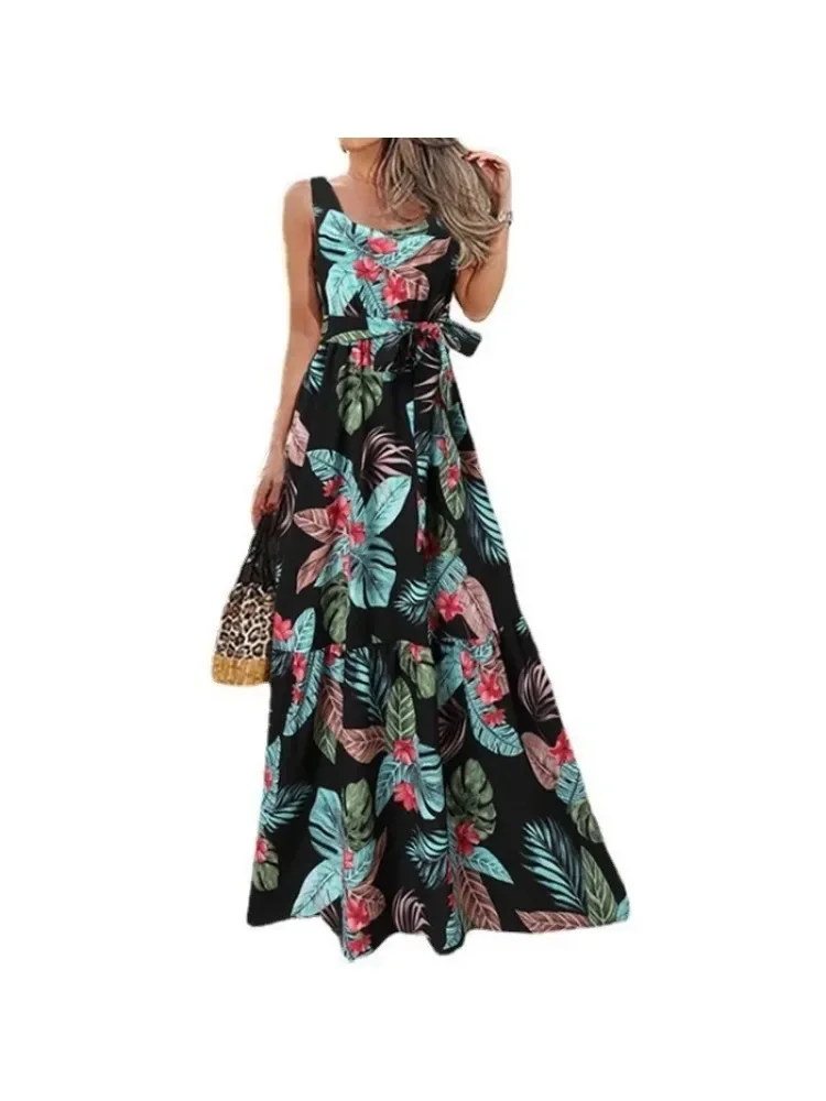 plus size Square Neck Sleeveless Belt Casual Dress Elegant Flower Print Fashion Loose Long Dress Versatile Daily Long Dress