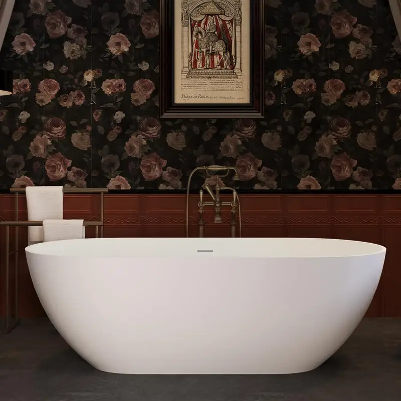 

59" Freestanding Solid Surface Bathtub, Luxury Engineered Stone Resin Soaking Tub with Overflow & Pop-up Drain for Modern