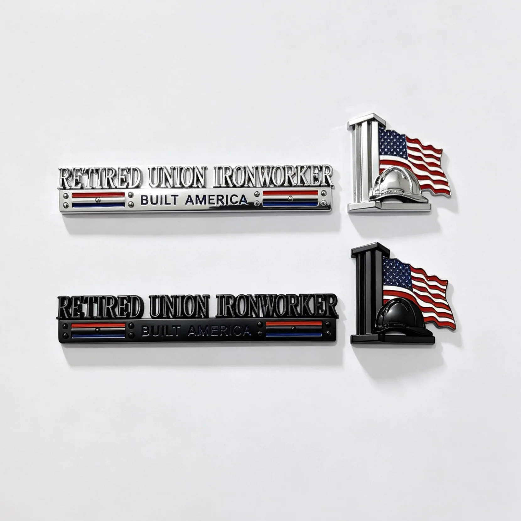 3D Retired Union Ironworker Built America Metal Car Emblem Badge, Universal Ironworker Patriotic Flag Edition for Vehicle