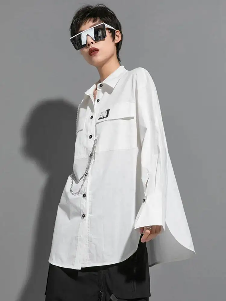 

Женская черная металлическая цепочка, длинная блузка большого размера, новая свободная рубашка с лацканами и длинными рукавами, модная весна-осень