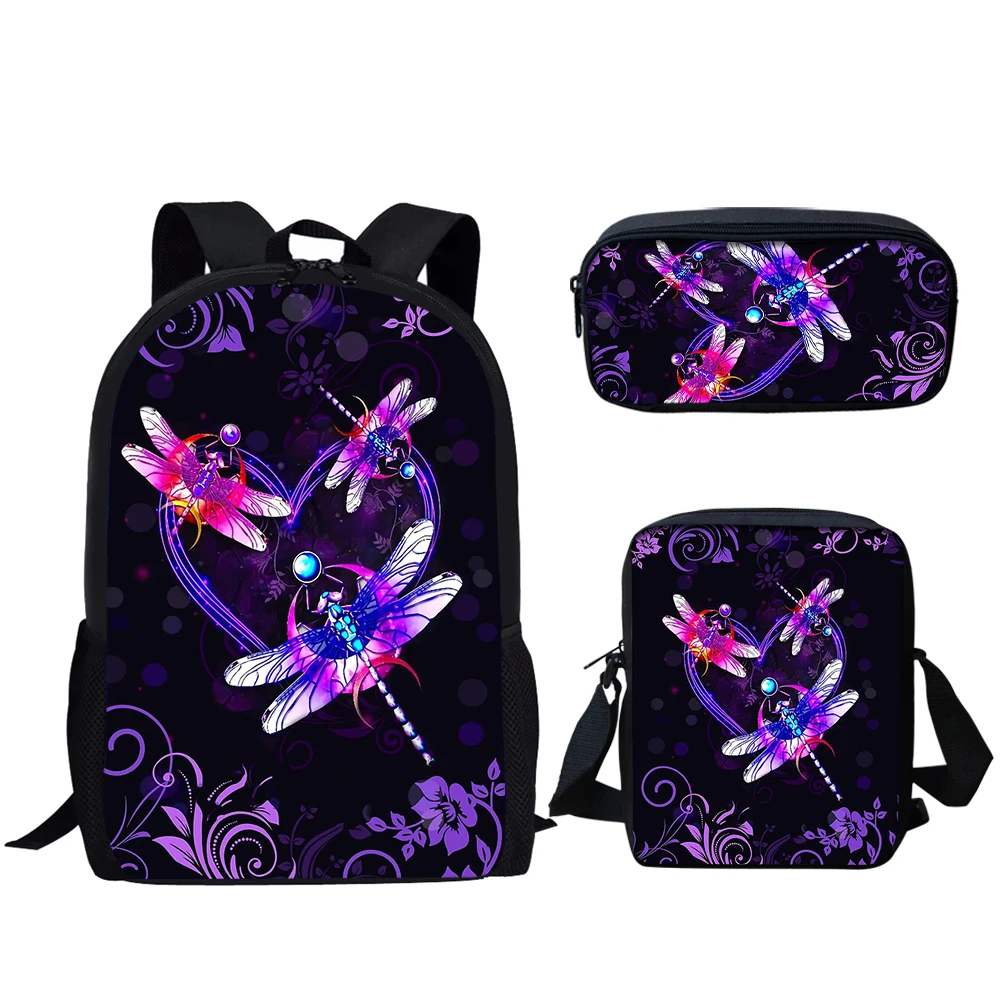 3 Set School Bag for Teenager Boys Girls Dragonfly Floral Print Casual Backpack Students Daily Book Bag Lunch Bag Pencil Bag