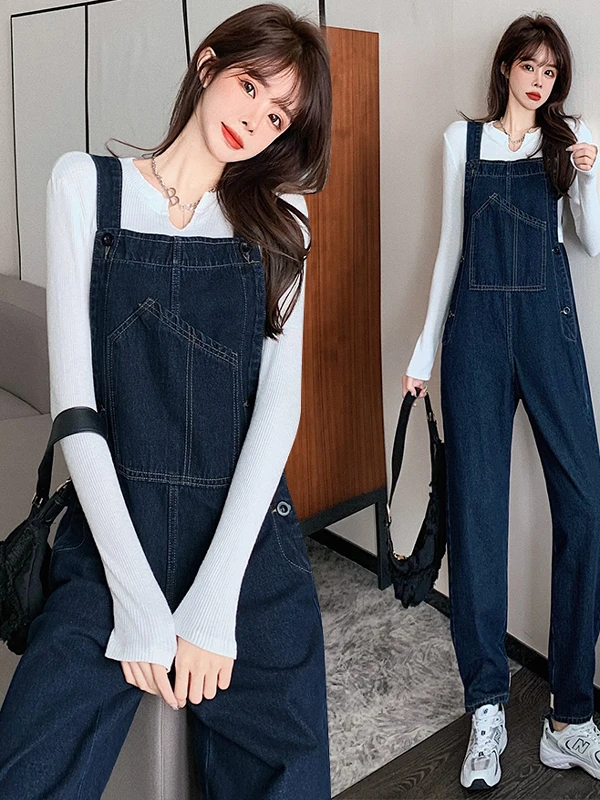 

Slimming Denim Overalls for Women Casual High Waist Wide Leg Spring Autumn Fashionable Anti-Wrinkle Jeans plus Size
