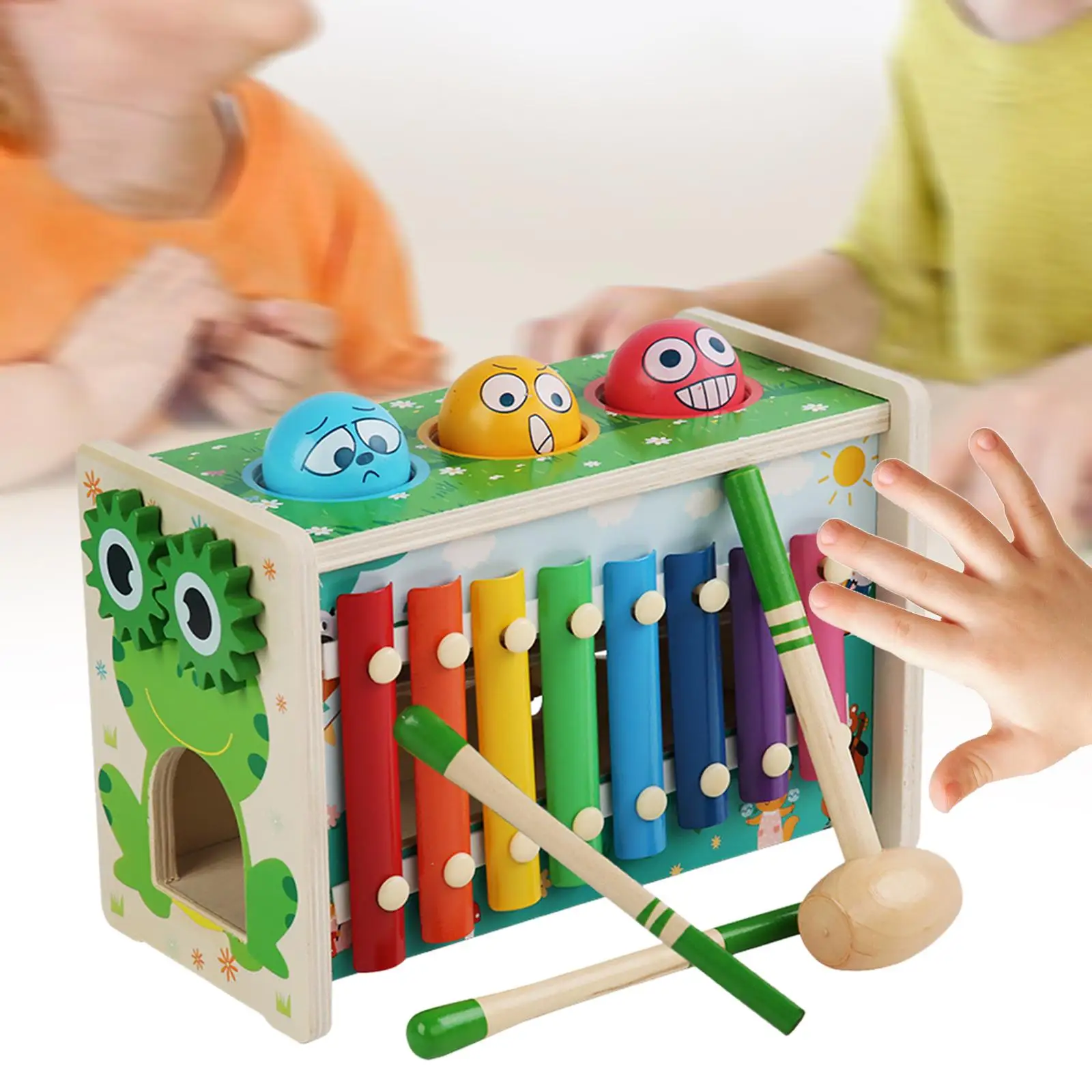 5 in 1 Wooden Montessori Toys Hand Eye Coordination Pounding Toy Track Clock for