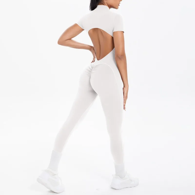 

Women's Yoga Jumpsuit Front Zipper Short Sleeve Pants Tight Hollow Out Back Workout Fitness Running Suit Yoga Romper