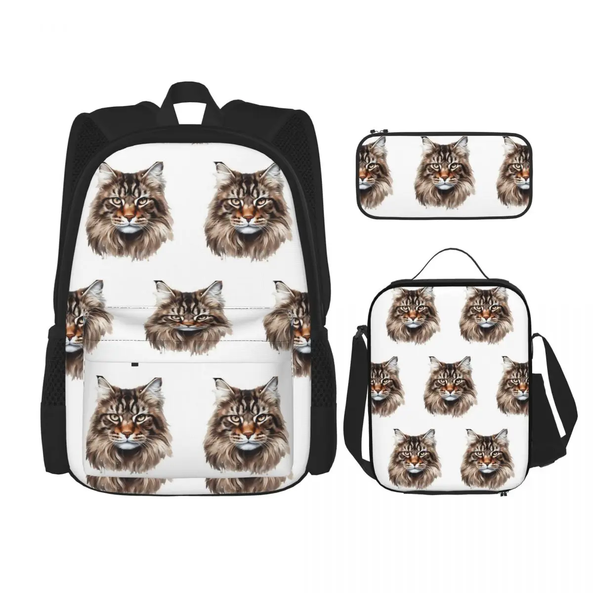 Maine Coon Cat Backpacks Kids Bookbag School Bags Rucksack Lunch Bag Pen Bag Three-Piece Set