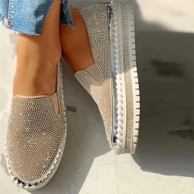 Women\'s Fashion Shoes 2024 Spring Flats Rhinestone Bling Sewing Platform Loafers Luxury Shoes Casual Comfortable Female Shoes