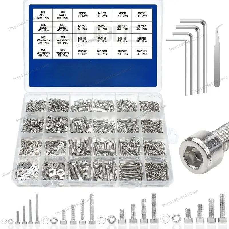 Boxed 880pcs304 Stainless Steel Hexagonal Screw Combination with Nut Flat Pad Screw Set