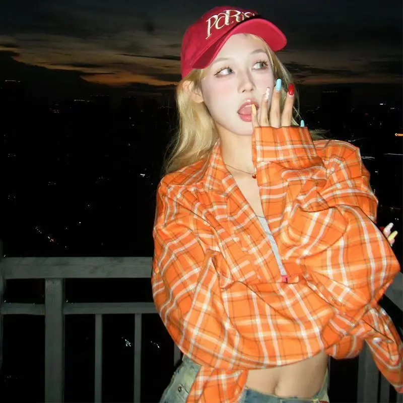 Deeptown Vintage Plaid Women Shirts Harajuku Long Sleeve Korean Fashion Gyaru Blouses Oversized Orange Commute Sunscreen Summer