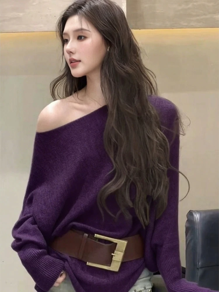 

Женский шерстяной свитер с открытыми плечами, корейский модный свободный вязаный топ с асимметричным вырезом, двусторонние пуловеры