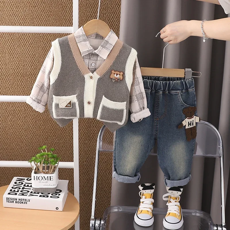 

New Spring Autumn Baby Clothes Children Boys Vest Plaid Shirt Pants 3Pcs/Sets Kids Clothing Infant Costume Toddler Tracksuits