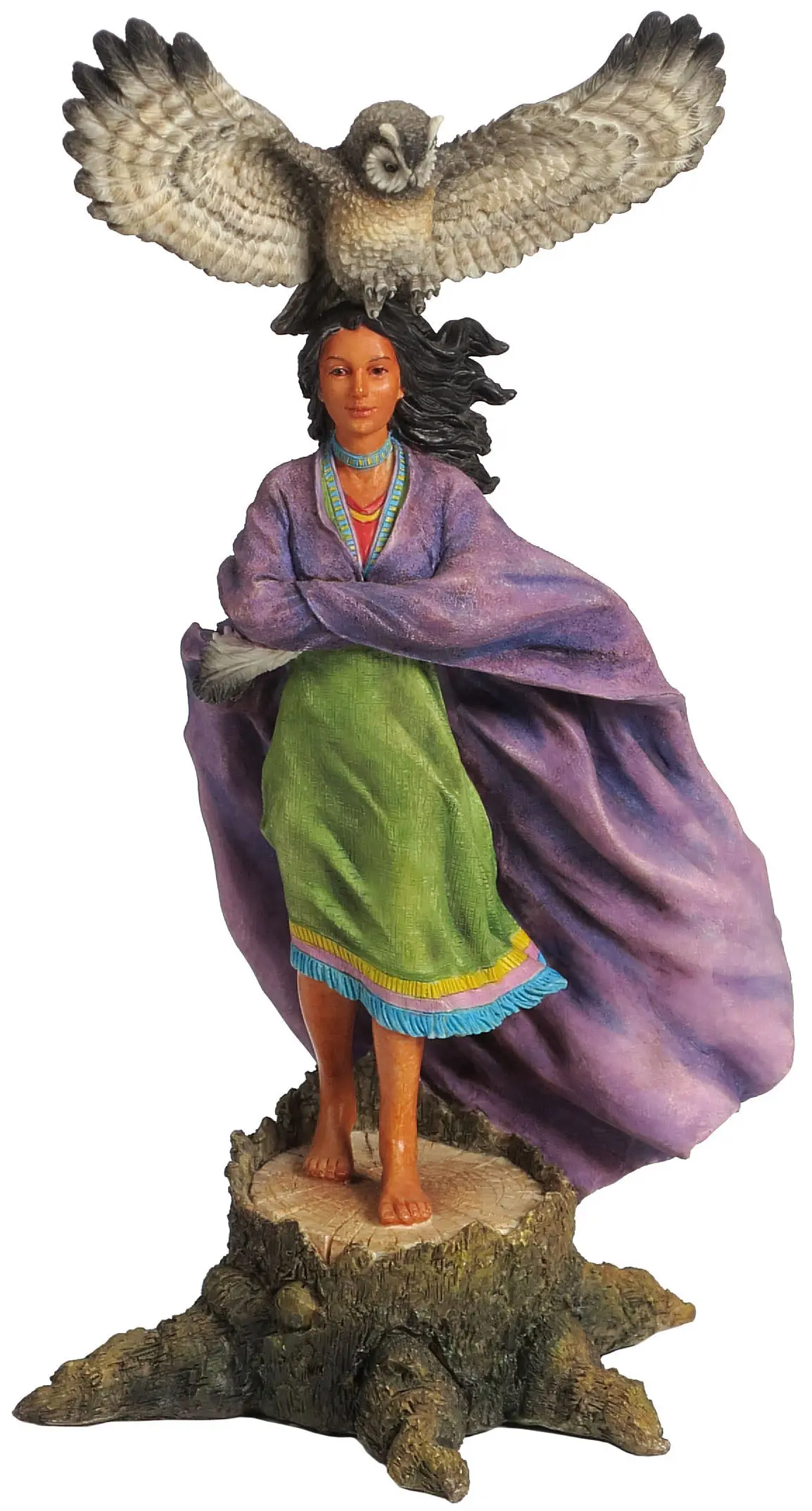 Resin Native American Woman Figurine with Owl Hand-Painted Tribal Maiden Statue Spiritual Sculpture for Western Home Decoration