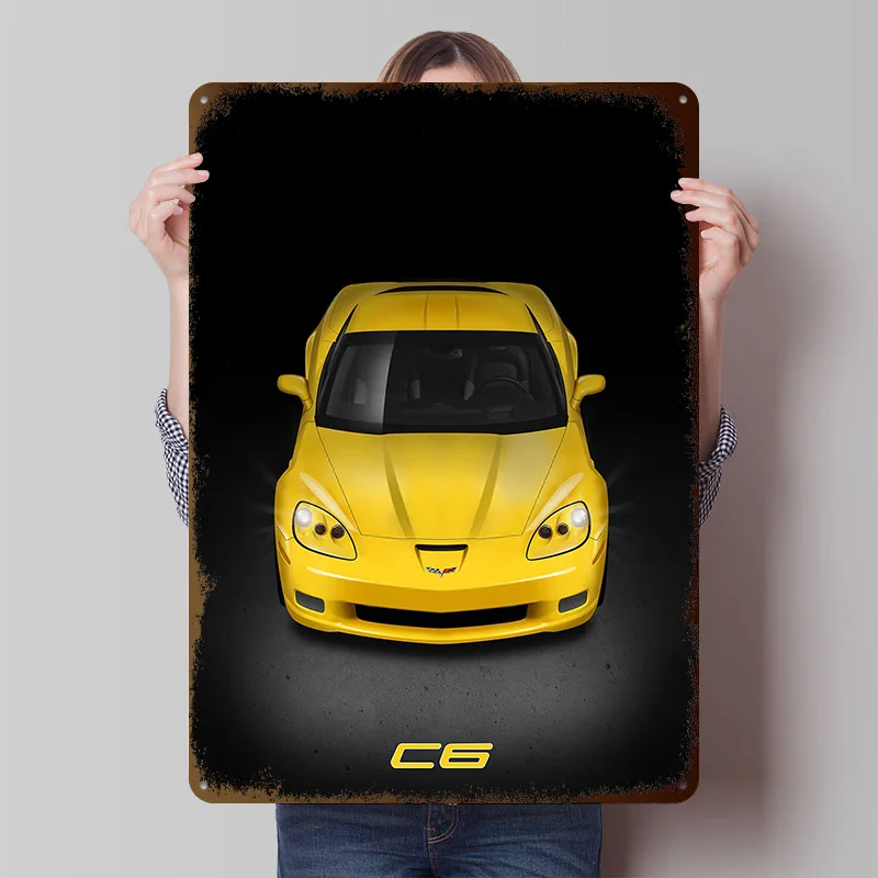 Corvette C6 Printed Poster Customized Wall Art Retro Vintage Metal Tin Signs for Garage Bar Accessories Gaming Room Decoration