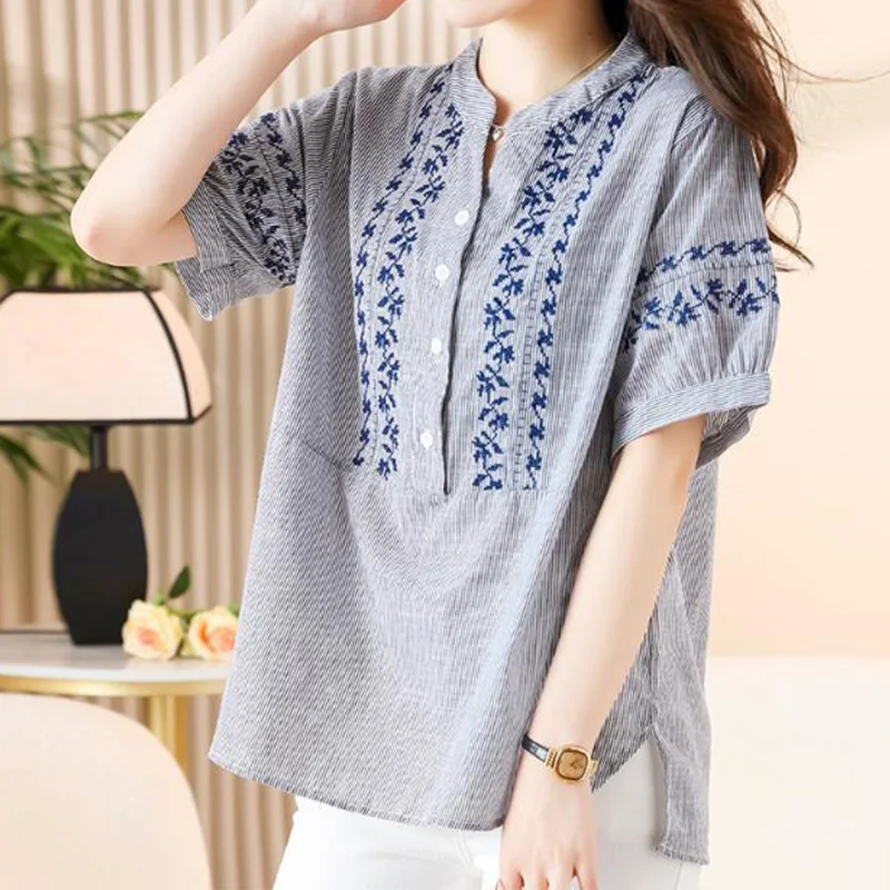 Vintage Stand Collar Pullover Top Tee 100% Cotton Summer Women's Clothing Grey Stripe Embroidery Printing Loose-fitting T-Shirt