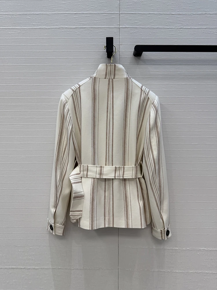 Spring Autumn Fashion Casual Resort Vertical Striped Printing Jacket Women's Stand Collar Button Long Sleeve Belt Pocket Jacket