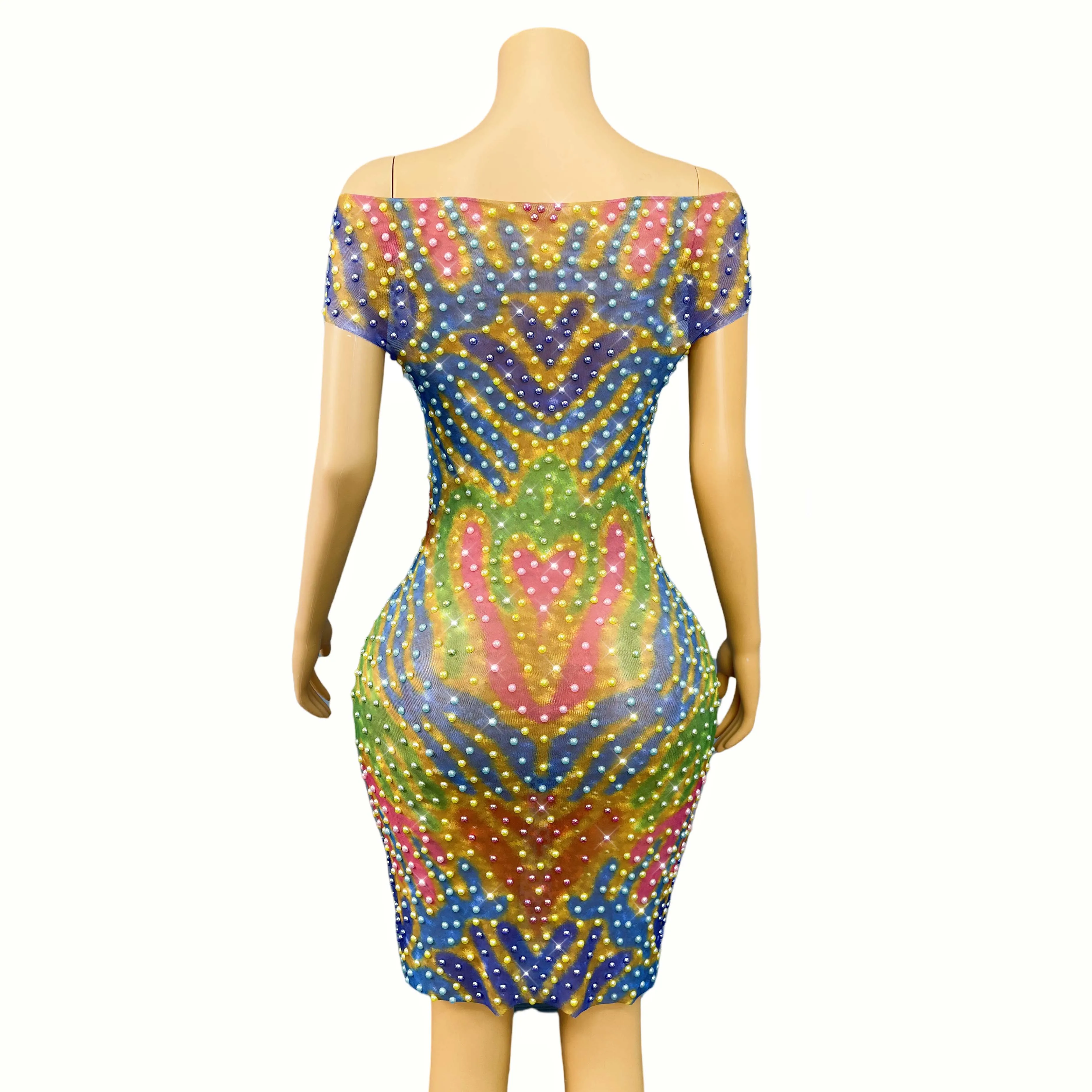 패션 다채로운 라인 석 메쉬 튜브 드레스 여성 생일 파티 축하 의상 공연 의상 huancai