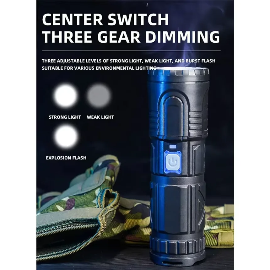 USB Rechargeable Outdoor Flashlight AG55 Laser Wick Long Range Lamp Emergency Power Bank Function LED