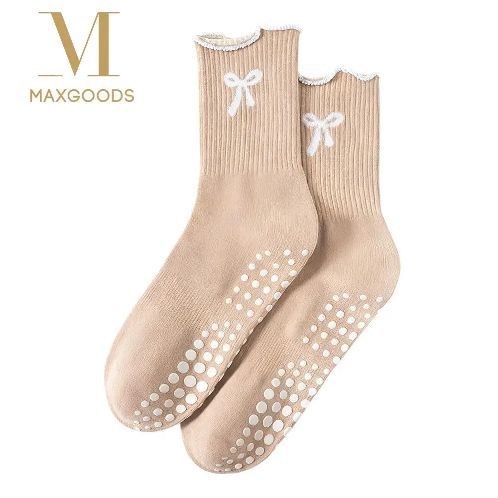 

Нескользящие носки для пилатеса с бантом, дышащие хлопковые носки средней длины, повседневные впитывающие пот носки для йоги для женщин