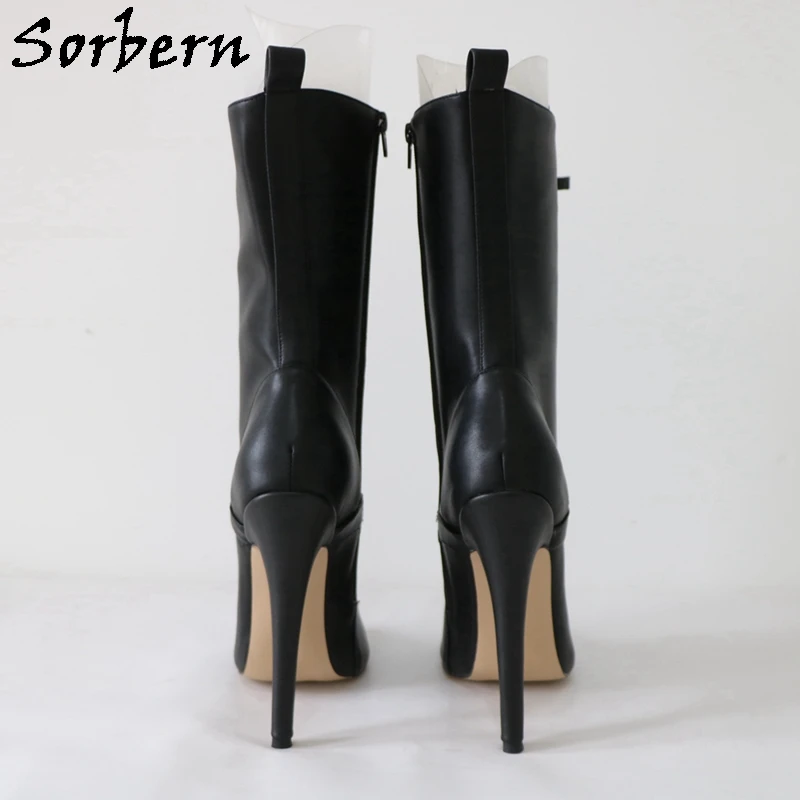 Sorbern Custom Vintage Round Toe Boots Burlesque High Heels Knee High Lace Up High Arch Shoes Wide Leg Stilettos Black Matt Boot