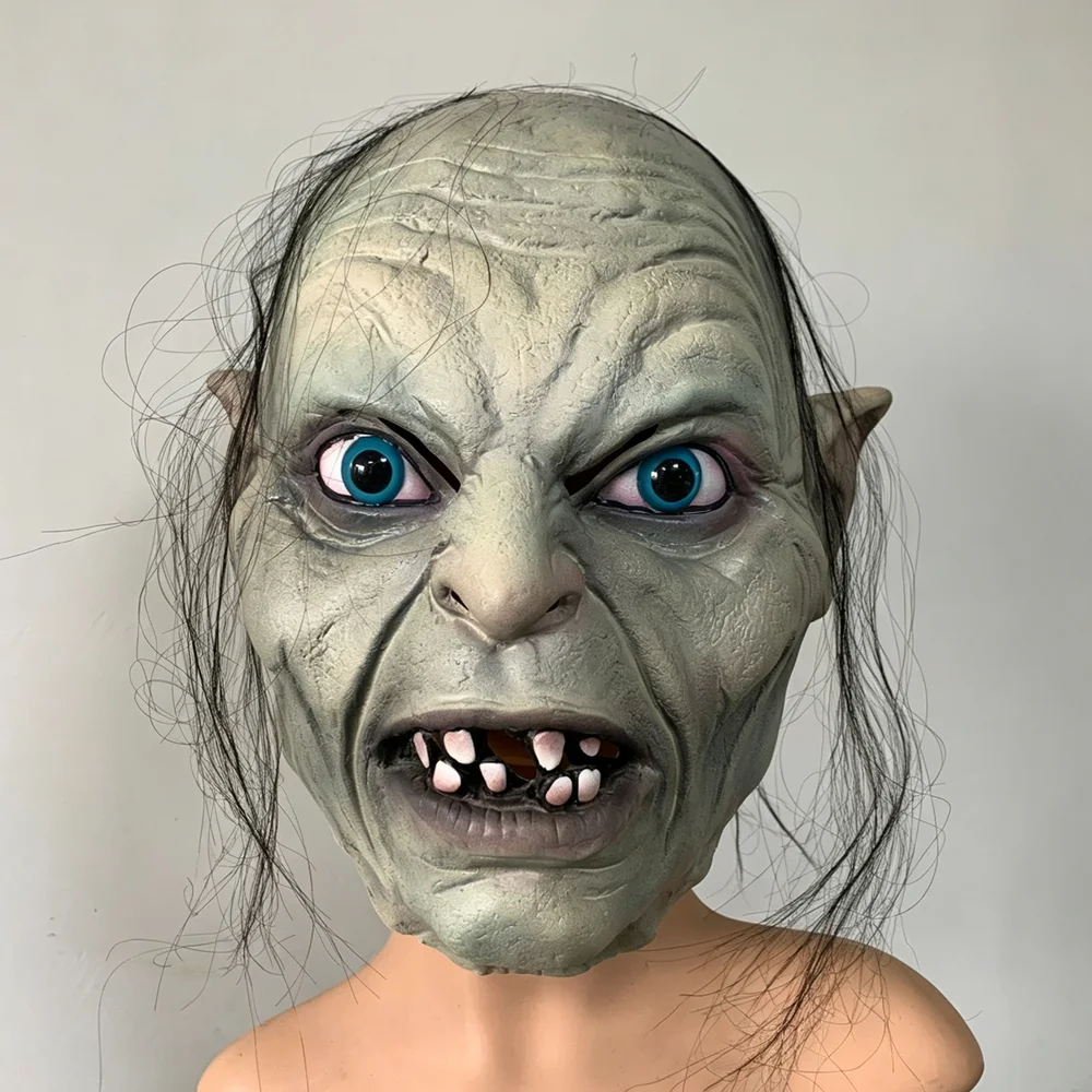 Gruselige Monster-Latexmaske mit Haaren und Spitzohren, Schreckliches Kreatur-Kopfteil für Halloween-Cosplay, Maskerade-Party-Kostüm-Requisiten – Detail 11