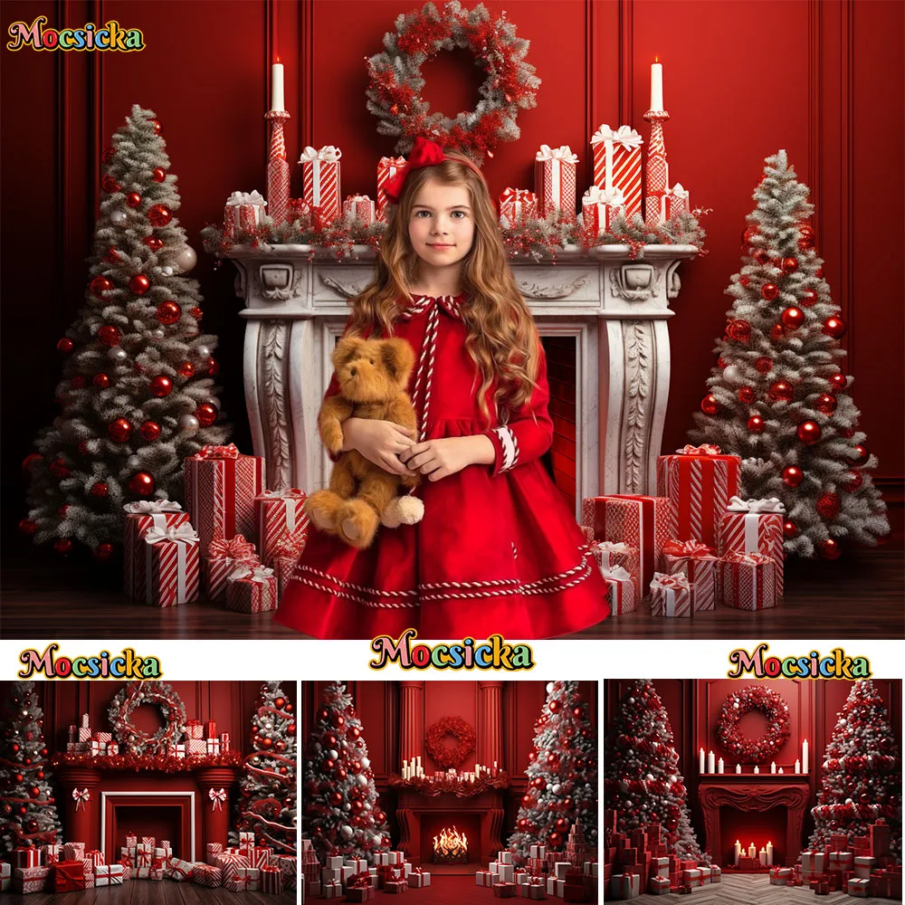 

Red Christmas Room Fireplace Decor Background Winter Candle Gift Booth Backdrop Xmas Tree Family Portrait Photo Studio Supplies