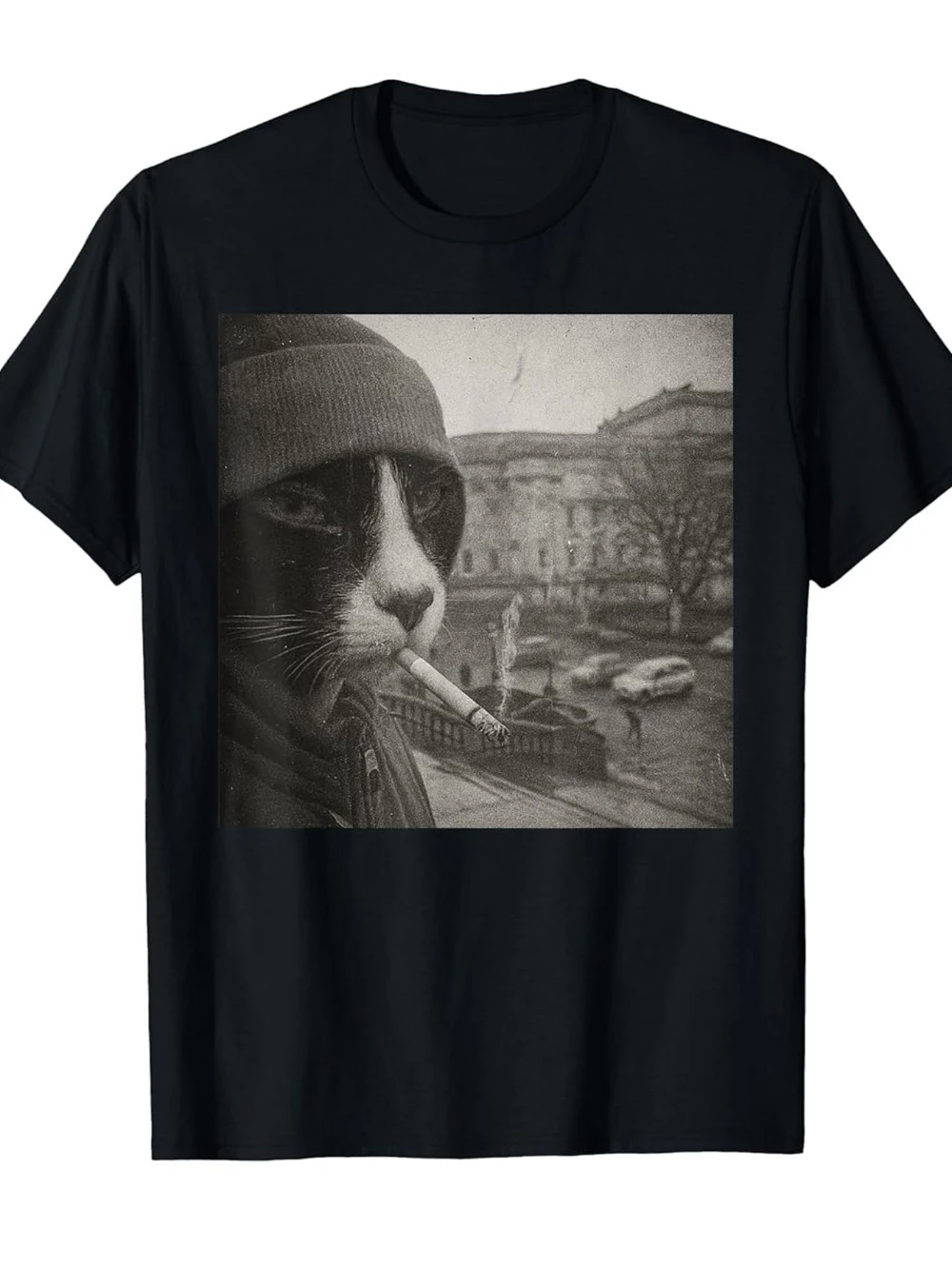 Men'S Round Neck Print Short Sleeve T-Shirt Featuring A Humorous Smoking Cat Meme Design Perfect for Casual Outings