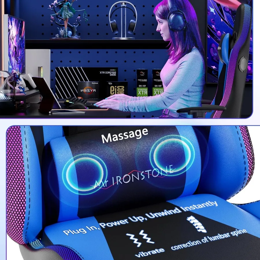 كرسي ألعاب HighBack مع مكبرات صوت بلوتوث مدمجة وأضواء LED محيطة للترفيه الغامر ومساند للذراعين ثلاثية الأبعاد قابلة للتعديل