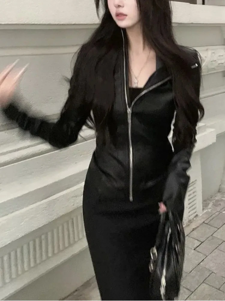 

Черная тонкая кожаная куртка с длинными рукавами, женская темная готическая молния, тонкое узкое пальто, женское пальто Хепберн, Y2k, винтажная одежда, горячая девушка