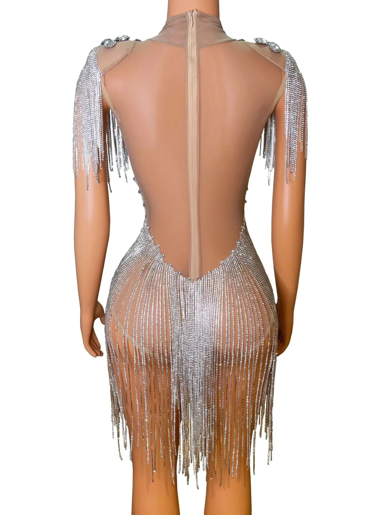 Fashion Luxury Sparkly Rhinestone Chains Tassel Bodysuit High-end Nightclub Party Show Dance Wear See Through Mesh Outfit Wuyin