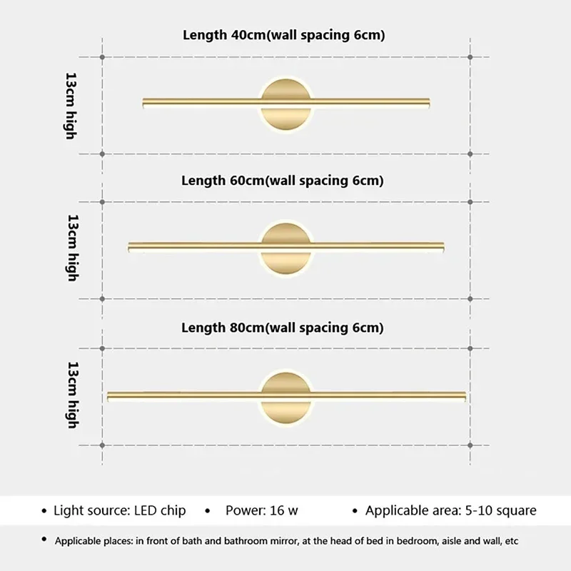 Imagem -05 - Moderna Lâmpada de Parede Led 40 60cm Espelho Luz Banheiro Preto Ouro Longa Tira Luminária Decoração Casa Lâmpadas Iluminação Led Lustre