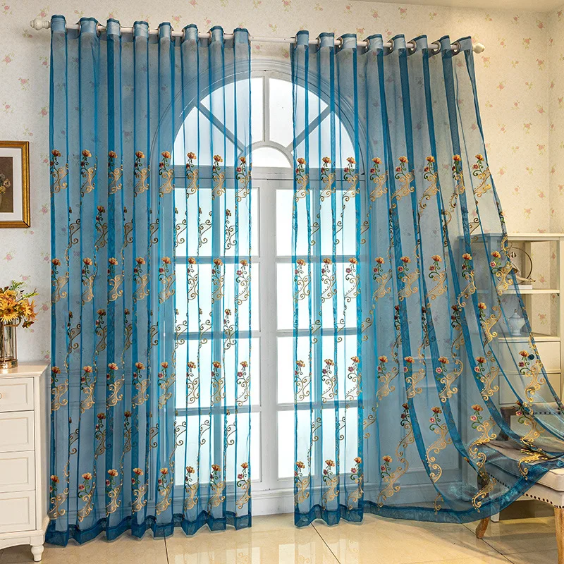 High-Grade Blue Vine Embroidered Curtains Pastoral Flower Living Room Balcony Gauze Curtain Perforated Transparent Window Screen
