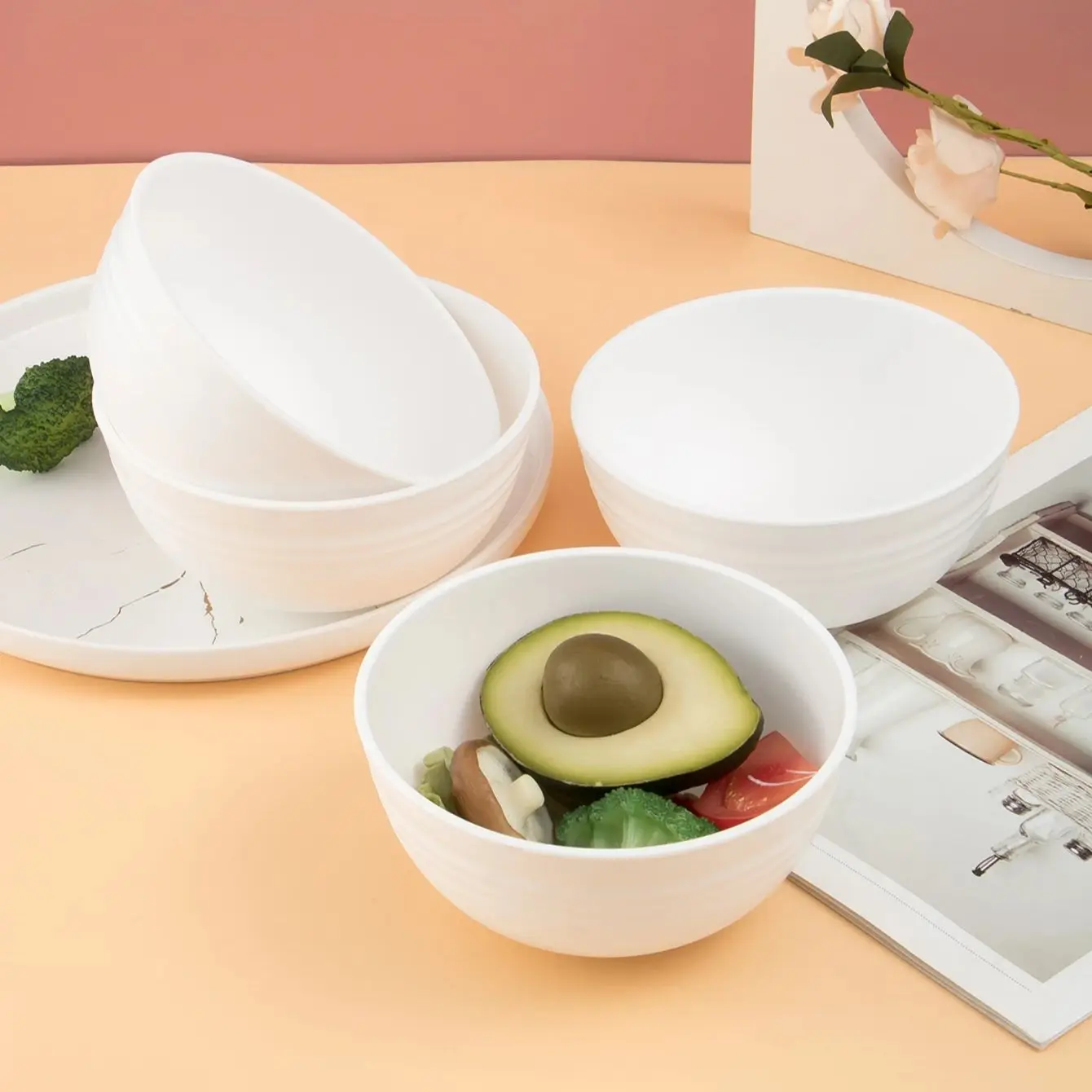 4/6/8pcs White serving bowl Reusable plastic cutlery for dessert snacks Easy to carry camping serving bowls when going out