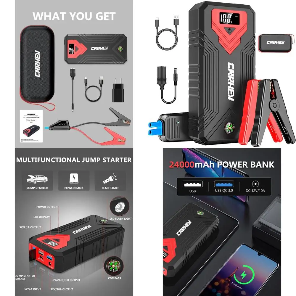 

Стартер 3000А, стартер для автомобильного аккумулятора емкостью 24000 мАч (до 8,0 л газового двигателя и дизельного двигателя 8,0 л) Портативный перемычка для аккумулятора, 1