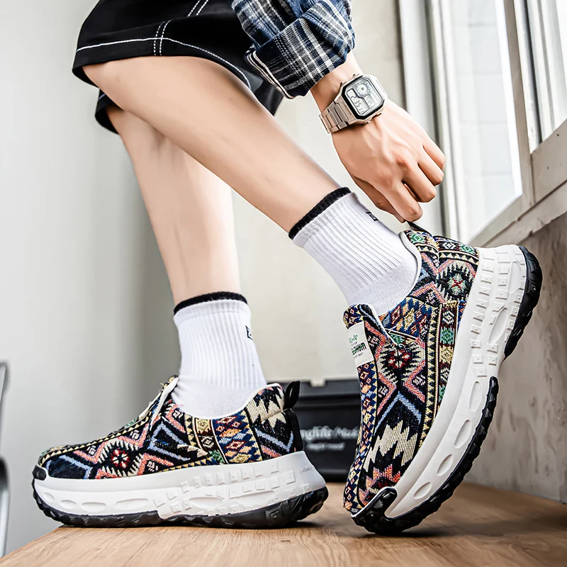New Mens Platform Canvas Shoes Fashion Designer Colorblock Slip-On Casual Sneakers Outdoor Men Non-slip Lightweight Hiking Shoes