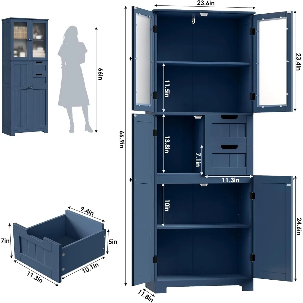 خزانة حمام بطول 67 بوصة مع أبواب زجاجية وأرفف قابلة للتعديل، وخزانة من الكتان ومخزن المطبخ مع درجين