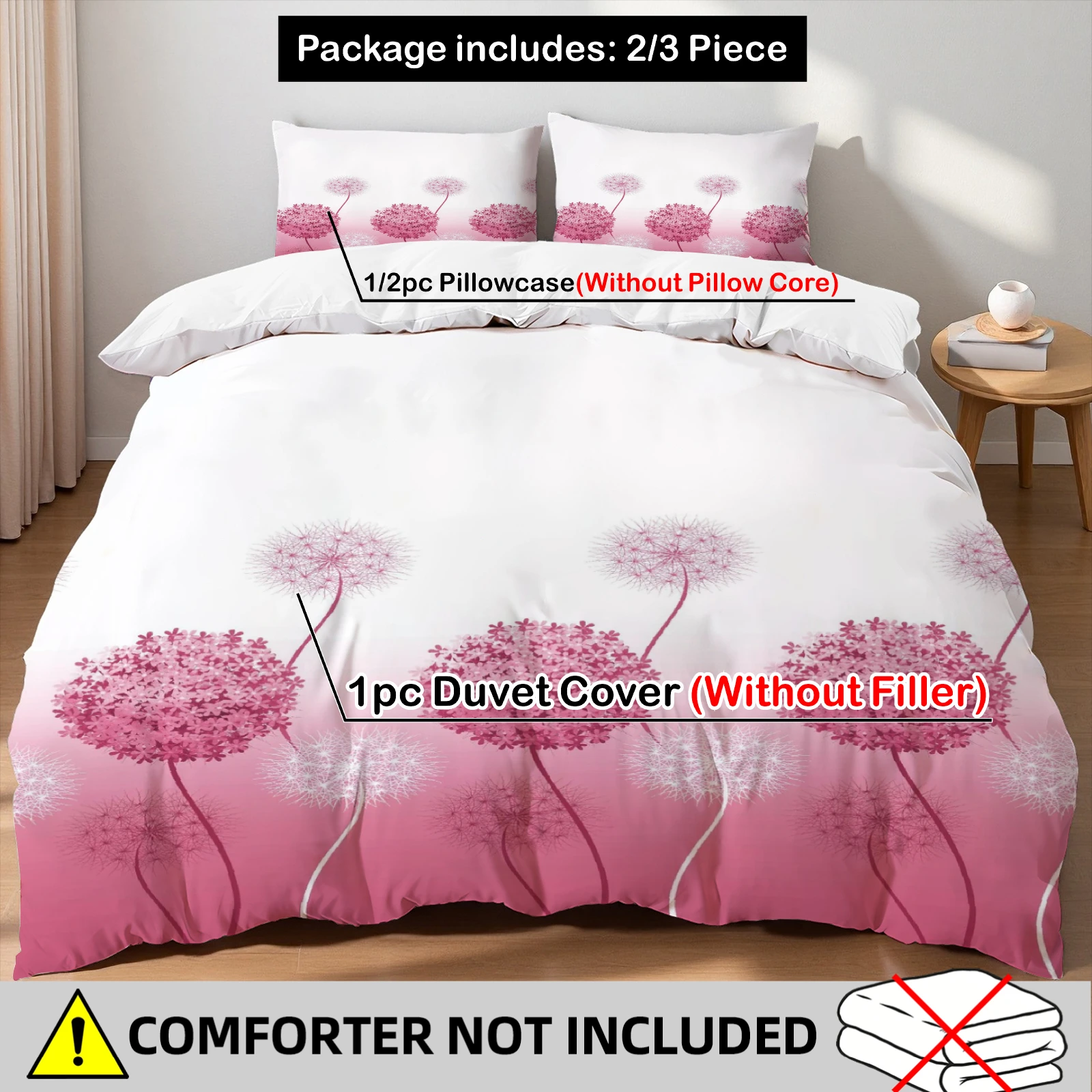 Löwenzahn-Bettwäsche-Set, 3-teilig, rosa-weiß, Farbverlauf-Druck, Bettwäsche mit 2 Kissenbezügen, ohne Bettdecke, ohne Laken, Einzelbett, Doppelbett, Queen-Size-Bett, King-Size-Bett